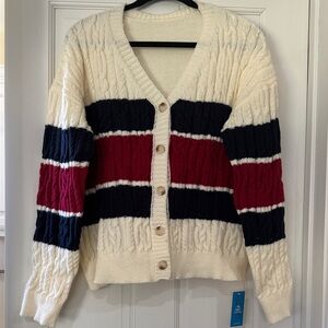 Cupshe Cream Cable Knit Cardigan with Navy and Burgundy Stripes